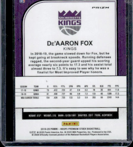 2019-20 Hoops Premium Stock #165 De'Aaron Fox Prizms Pulsar