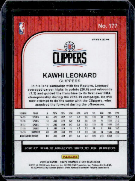 2019-20 Hoops Premium Stock #177 Kawhi Leonard Prizms Pulsar