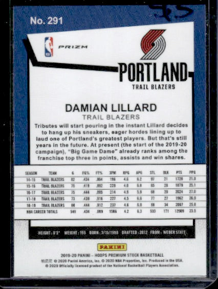 2019-20 Hoops Premium Stock #291 Damian Lillard Prizms Pulsar