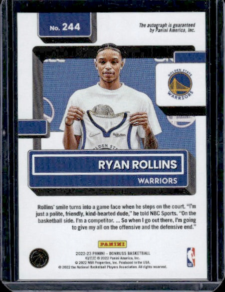 2022-23 Donruss #244 Ryan Rollins Rated Rookies Signatures Choice RC