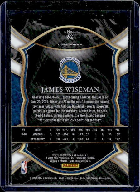 2020-21 Panini Select #62 James Wiseman RC