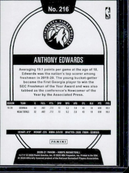 2020-21 Hoops #216 Anthony Edwards RC