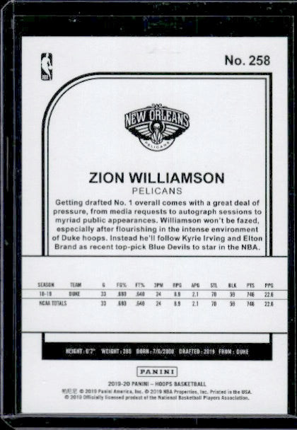 2019-20 Hoops #258 Zion Williamson RC