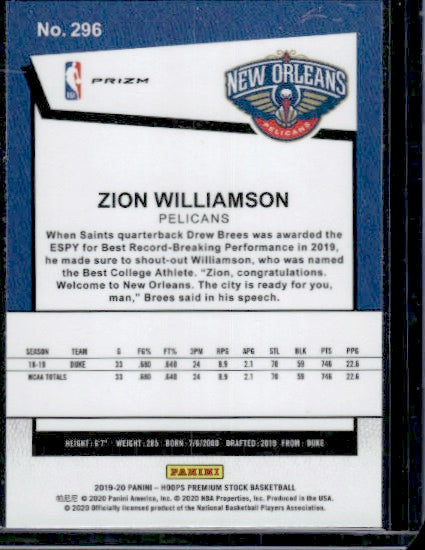 2019-20 Hoops Premium Stock #296 Zion Williamson Prizms Flash RC