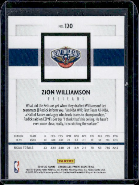 2019-20 Panini Chronicles #120 Zion Williamson RC