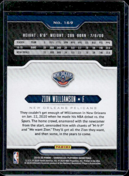 2019-20 Panini Chronicles #169 Zion Williamson RC