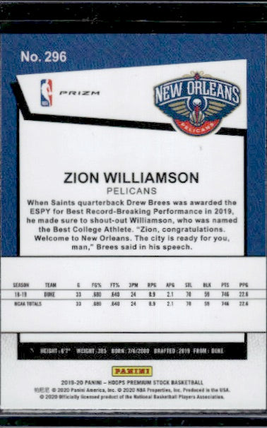 2019-20 Hoops Premium Stock #296 Zion Williamson Prizms Silver Scope RC