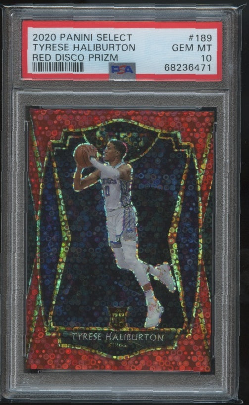 2020-21 Panini Select #189 Tyrese Haliburton Red Disco Prizms PSA 10 #/49 RC