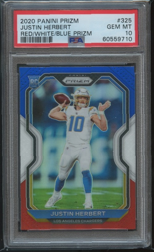 2020 Panini Prizm #325 Justin Herbert Prizm Red White and Blue PSA 10 RC