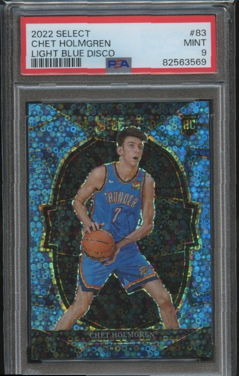 2022-23 Panini Select #83 Chet Holmgren Light Blue Disco Prizms PSA 9 #/99 RC