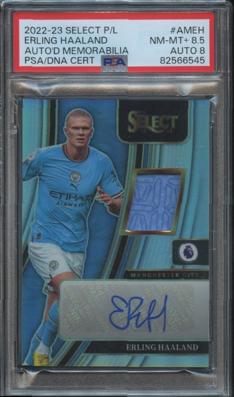 2022-23 Panini Select Premier League #AM-EH Erling Haaland Autographed Mem PSA 8