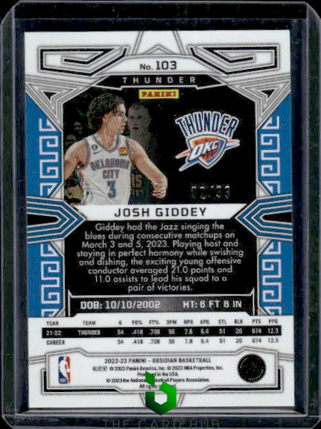 2022-23 Panini Obsidian #103 Josh Giddey Electric Etch Purple #/99