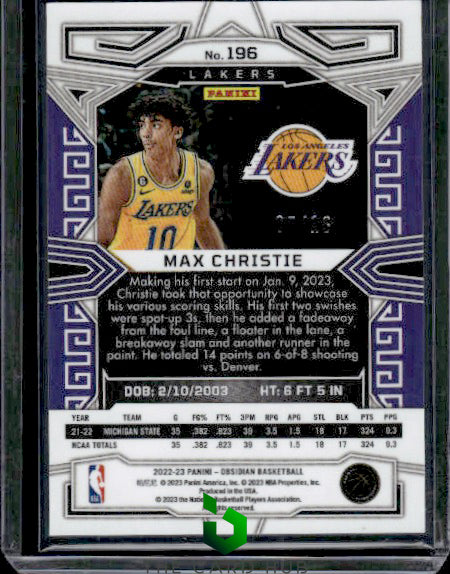 2022-23 Panini Obsidian #196 Max Christie Electric Etch Blue Flood FOTL #/16 RC