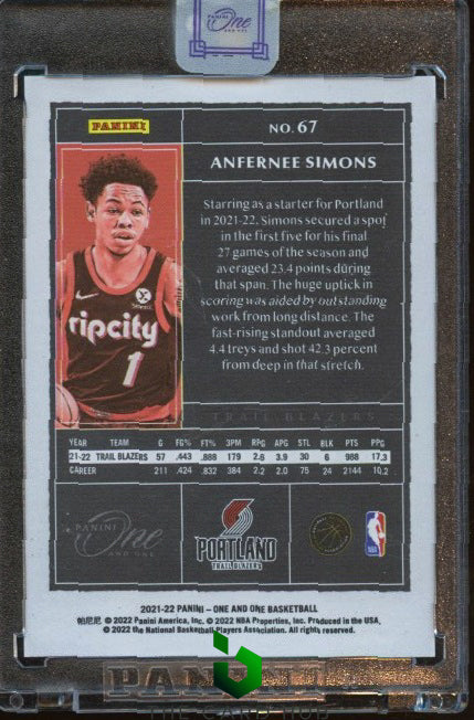 2021-22 Panini One and One #67 Anfernee Simons Black