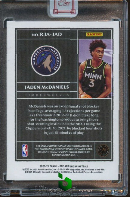 2020-21 Panini One and One #RJA-JAD Jaden McDaniels Rookie Jersey Auto Blue #/49