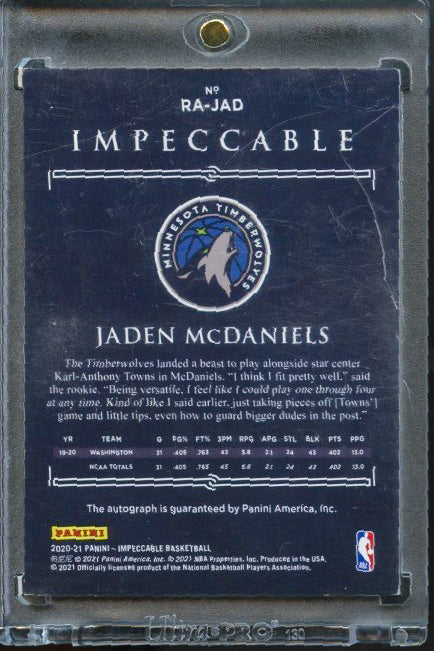 2020-21 Panini Impeccable #RA-JAD Jaden McDaniels Rookie Auto Platinum #/1 RC