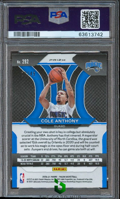 2020-21 Panini Prizm #292 Cole Anthony Orange Prizms PSA 10 #/49 RC