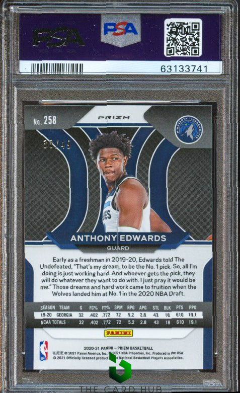 2020-21 Panini Prizm #258 Anthony Edwards Orange Prizms PSA 9 #/49 RC