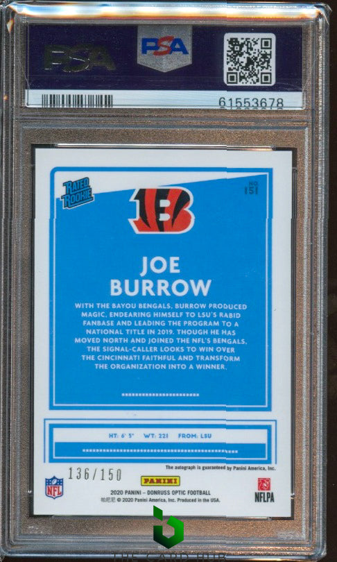 2020 Donruss Optic #151 Joe Burrow Rated Rookies Autographs PSA 9 RC