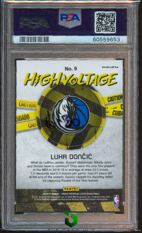 2019-20 Hoops Premium Stock #9 Luka Doncic High Voltage Flash PSA 10