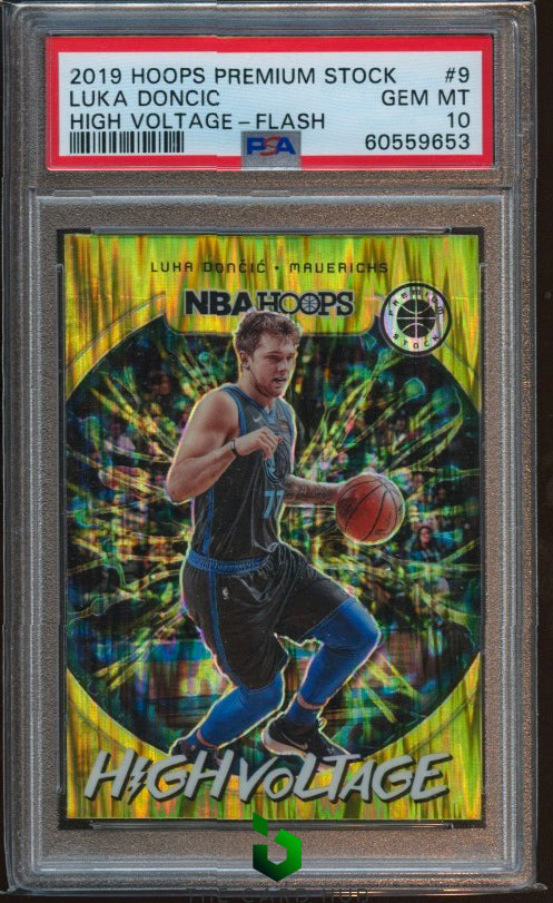 2019-20 Hoops Premium Stock #9 Luka Doncic High Voltage Flash PSA 10