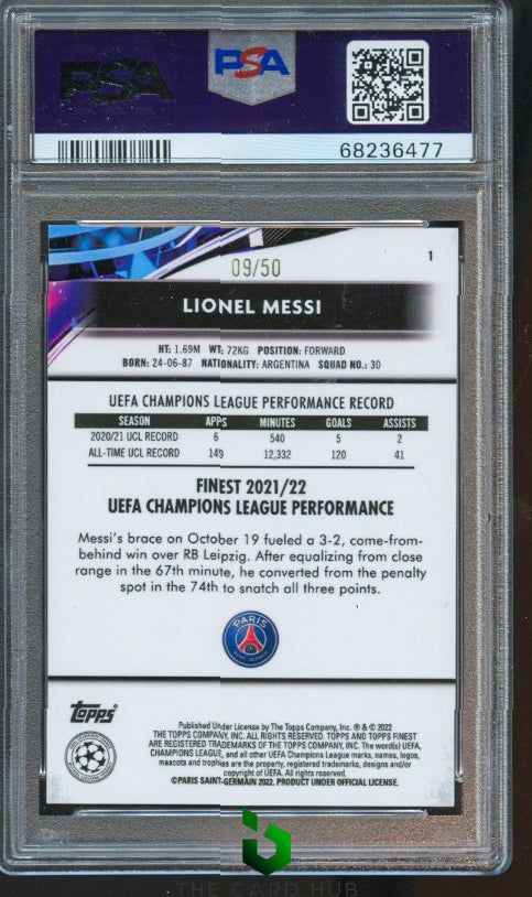 2021-22 Topps Finest UEFA Champions Leag #1 Lionel Messi Gold Speckle PSA 9 #/50