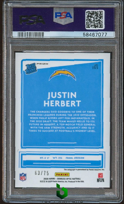 2020 Donruss Optic #153 Justin Herbert Rated Rookies Autographs Blue PSA 9 RC