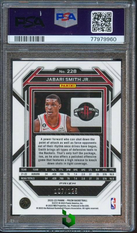 2022-23 Panini Prizm #228 Jabari Smith Jr. Prizms Blue Ice PSA 9 #/125 RC