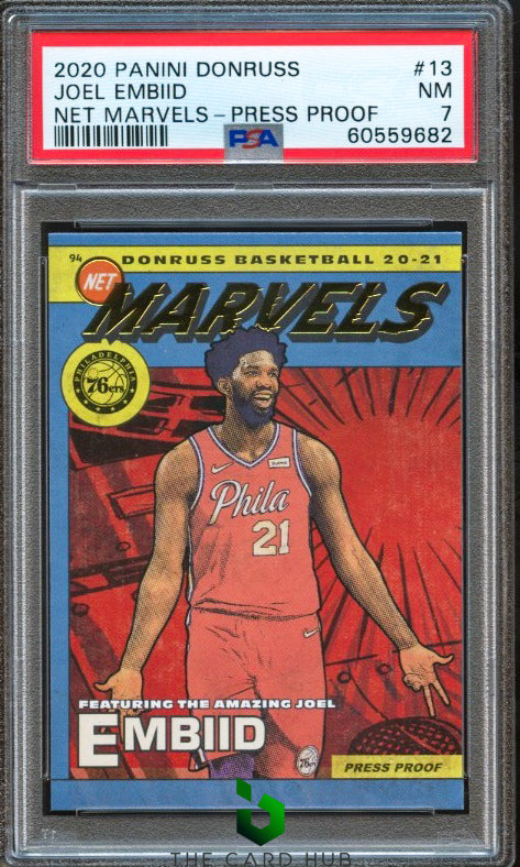 2020-21 Donruss #13 Joel Embiid Net Marvels Press Proof PSA 7