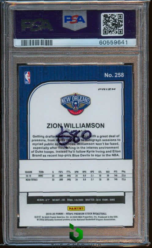 2019-20 Hoops Premium Stock #258 Zion Williamson Prizms Pulsar PSA 10 RC