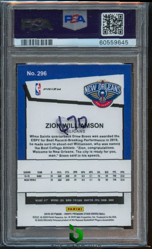 2019-20 Hoops Premium Stock #296 Zion Williamson Prizms Pulsar PSA 10 RC