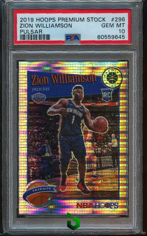 2019-20 Hoops Premium Stock #296 Zion Williamson Prizms Pulsar PSA 10 RC