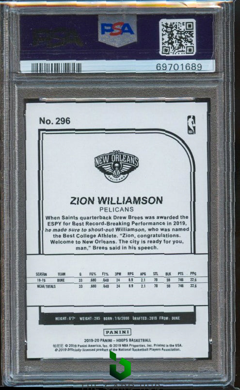 2019-20 Hoops #296 Zion Williamson Green PSA 9 RC