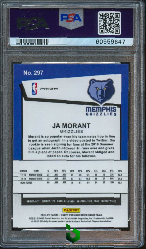 2019-20 Hoops Premium Stock #297 Ja Morant Prizms Pulsar PSA 10 RC