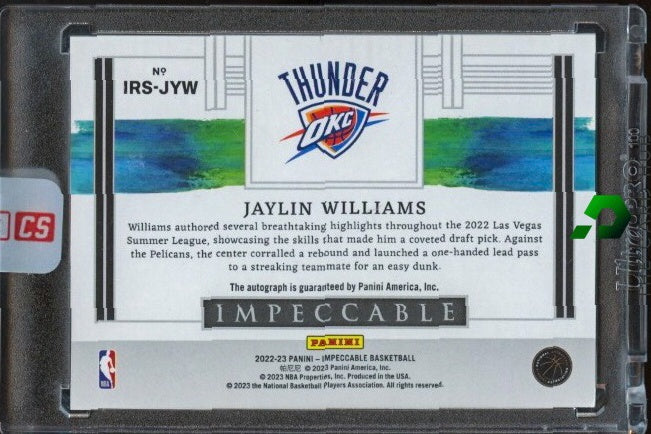 2022-23 Panini Impeccable #IRS-JYW Jaylin Williams Rookie Sig Silver #/25 RC