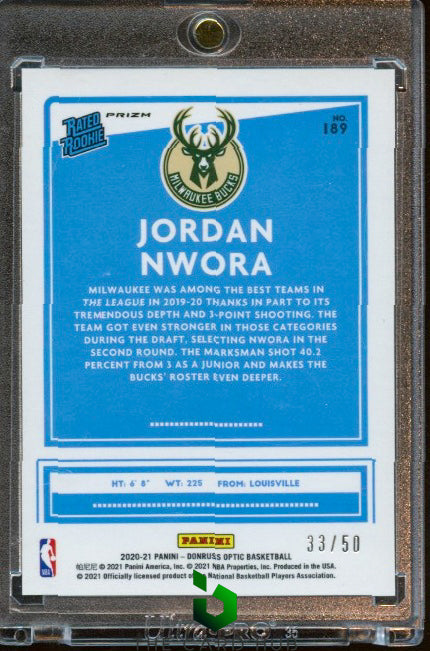 2020-21 Donruss Optic #189 Jordan Nwora Fast Break Blue RC