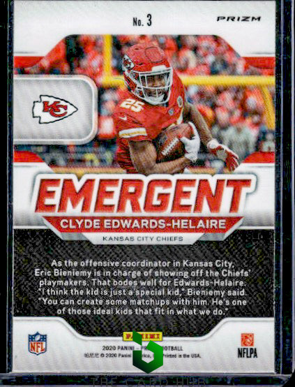 2020 Panini Prizm #3 Clyde Edwards-Helaire Emergent Prizms Green RC