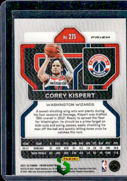 2021-22 Panini Prizm #275 Corey Kispert Choice Blue Yellow and Green RC