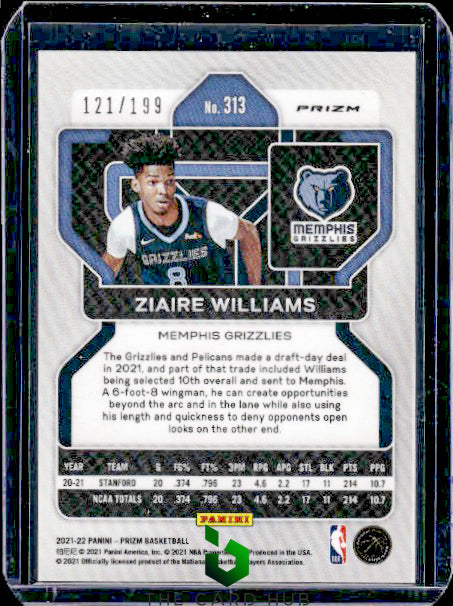 2021-22 Panini Prizm #313 Ziaire Williams Blue #/199 RC