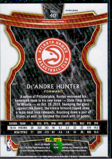 2019-20 Panini Select #40 De'Andre Hunter Silver Prizms RC