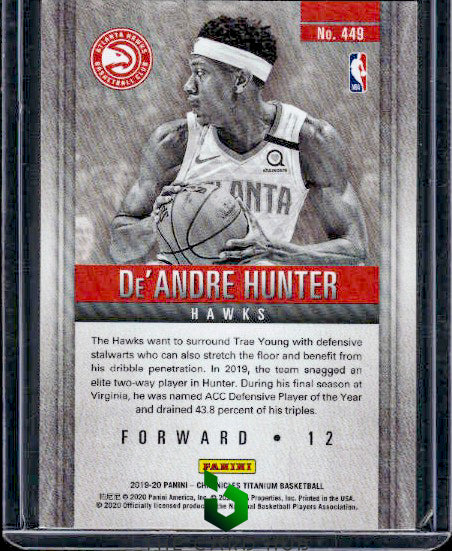 2019-20 Panini Chronicles #449 De'Andre Hunter Titanium Draft Year #/19 RC