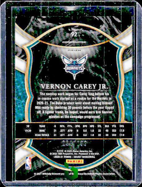 2020-21 Panini Select #92 Vernon Carey Jr. Light Blue Prizms #/299 RC