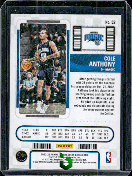 2022-23 Panini Contenders #52 Cole Anthony First Round Ticket #/199