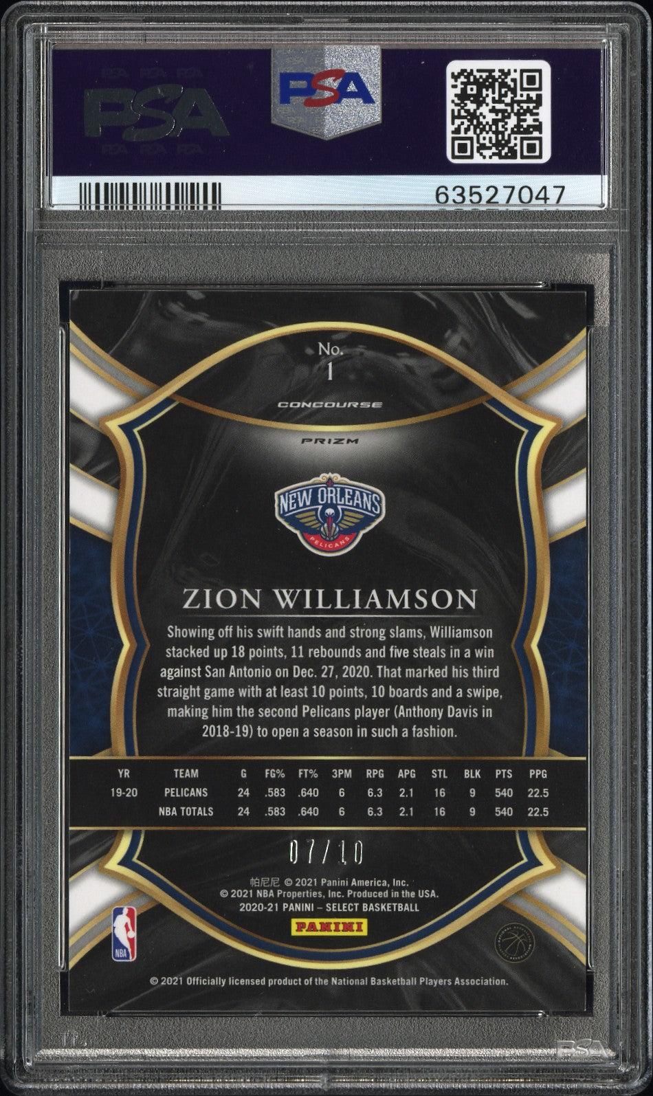 2020 Panini Select #1 Zion Williamson Gold Disco Prizm PSA 9