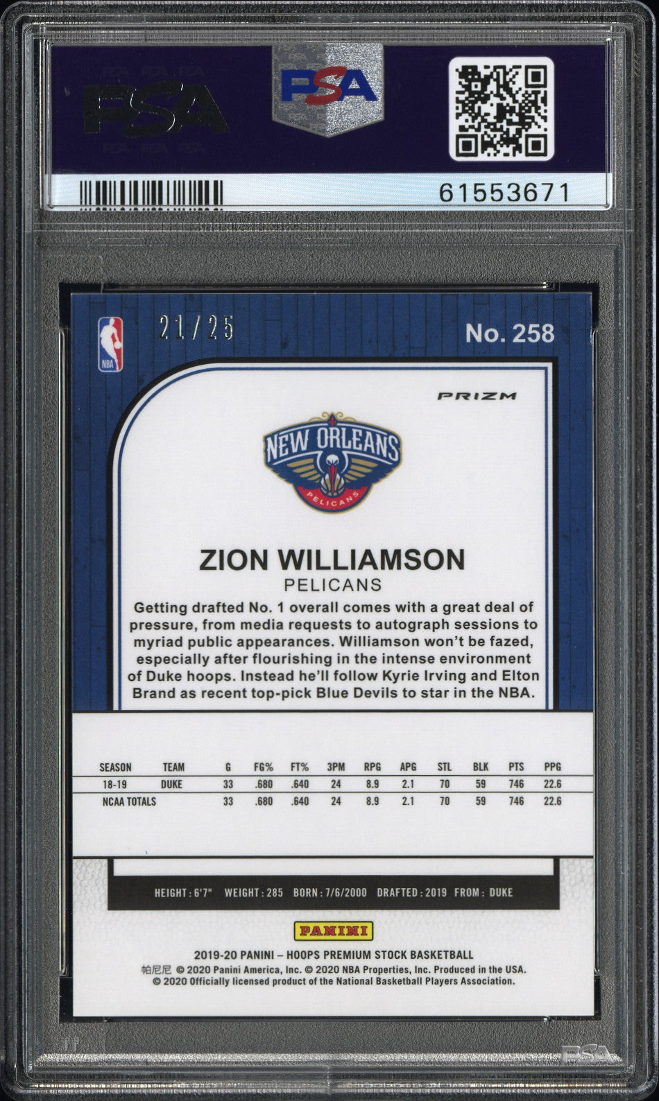 2019 Panini Hoops Premium Stock #258 Zion Williamson Pink Flash PSA 9 RC