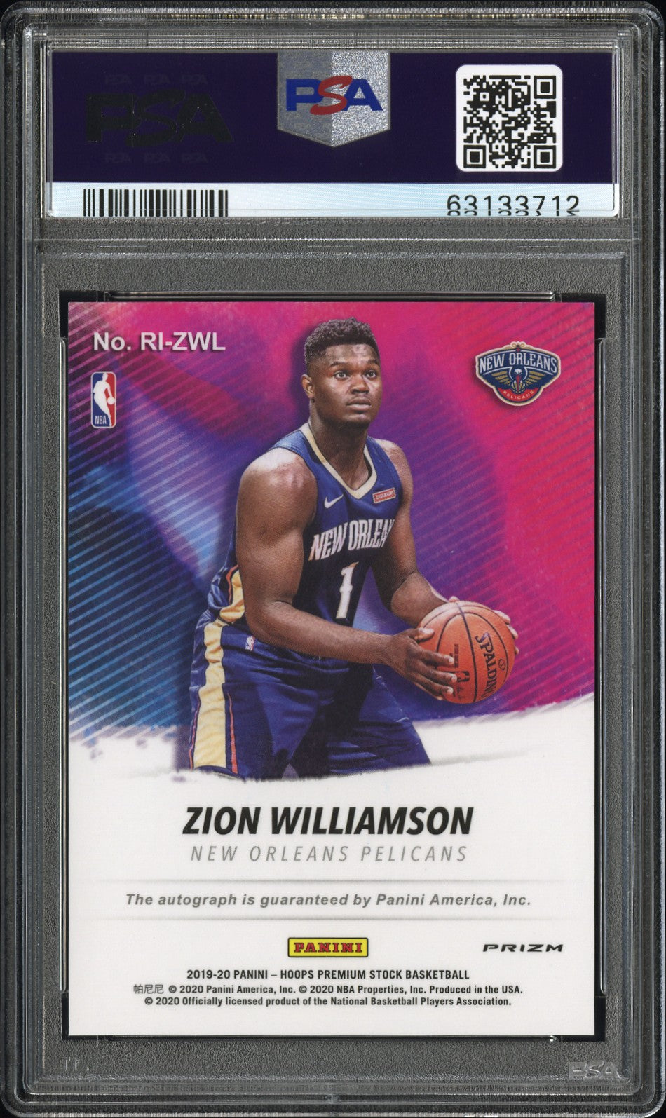 2019 Hoops Premium Stock Rookie Ink #ZWL Zion Williamson Rookie Ink-Flash PSA 9