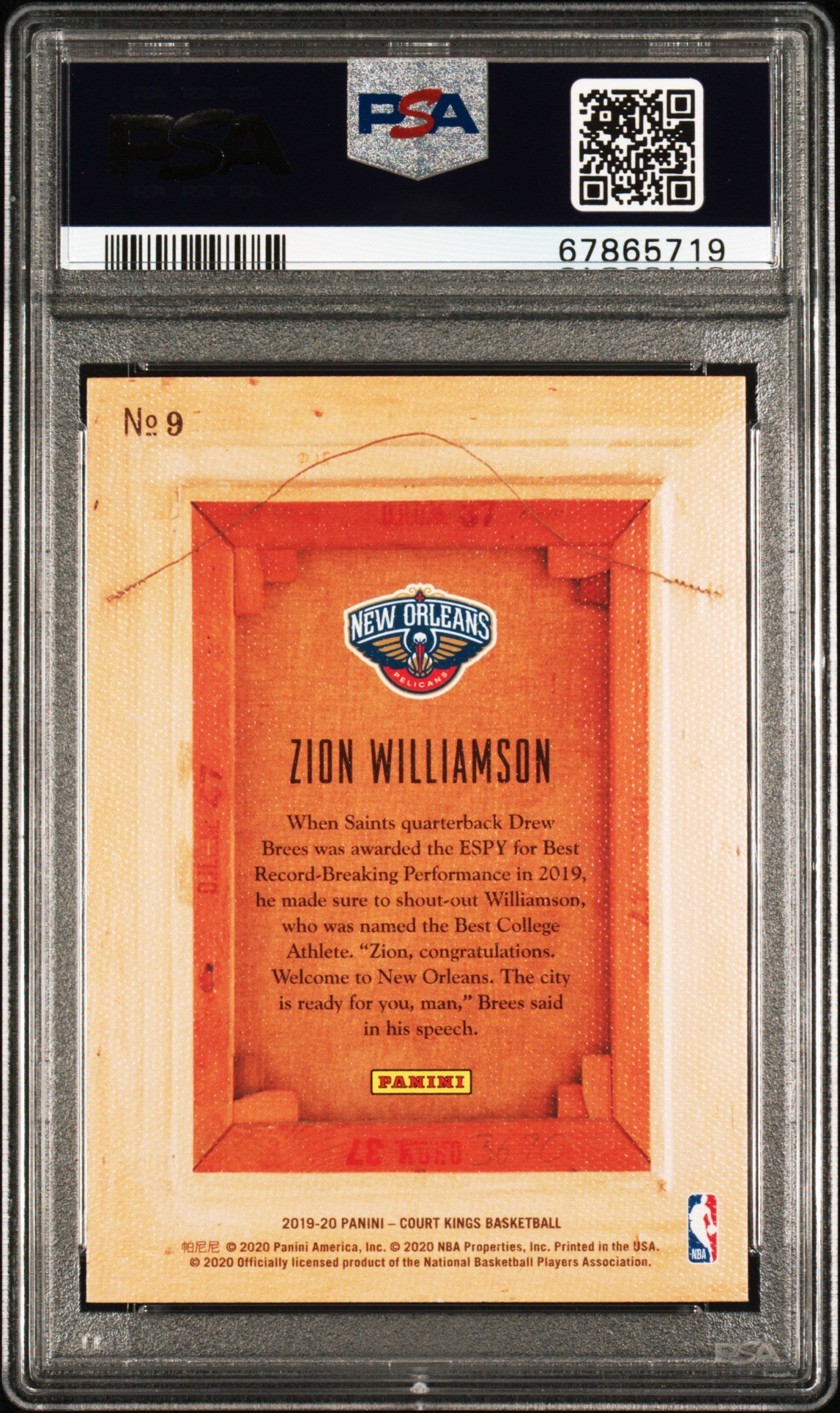 2019 Panini Court Kings Blank Slate #9 Zion Williamson Blank Slate PSA 10 RC